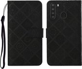 Voor Samsung Galaxy A21 etnische stijl reliëf patroon horizontale flip lederen tas met houder & kaartsleuven & portemonnee & lanyard (zwart)
