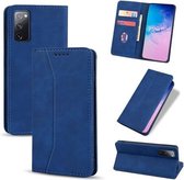 Voor Samsung Galaxy S20 FE Huid-aanvoelende Kalfsleer Textuur Magnetische Dual-Fold Horizontale Flip Leren Case met Houder & Kaartsleuven & Portemonnee (Blauw)