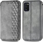 Voor Samsung Galaxy A41 Cubic Grid Pressed Horizontal Flip Magnetic Leather Case met houder & kaartsleuven & portemonnee (grijs)