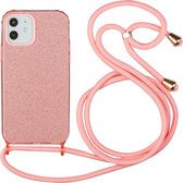 Glitterpoeder schokbestendig TPU beschermhoes met draagkoord voor iPhone 12/12 Pro (roze)