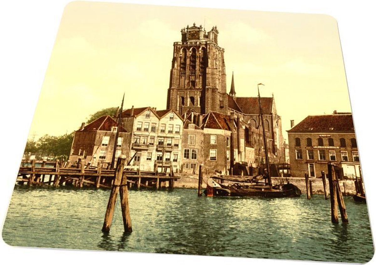 Oud Stadsgezicht Dordrecht - Kerk en Haven - Oude Foto Print op Muismat 22x20cm