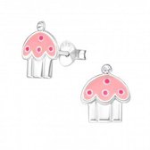 Oorbellen meisje | Zilveren kinderoorbellen | Zilveren oorstekers, roze cupcake met kristal