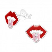 Oorbellen meisje | Zilveren kinderoorbellen | Zilveren oorstekers, mond met kristallen op de tong