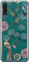 Samsung Galaxy A50 siliconen hoesje - Vogels Japanse bloemen - Soft Case Telefoonhoesje - Blauw - Bloemen