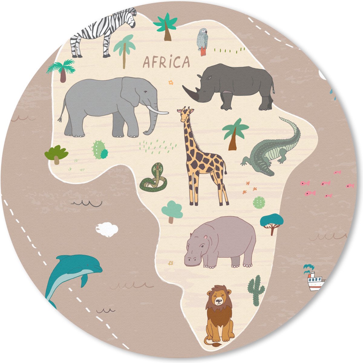 Muismat Wereldkaart met dieren - Kaart van Afrika met dieren in het bruin Muismat rond - 30x30 cm - Muismat met foto
