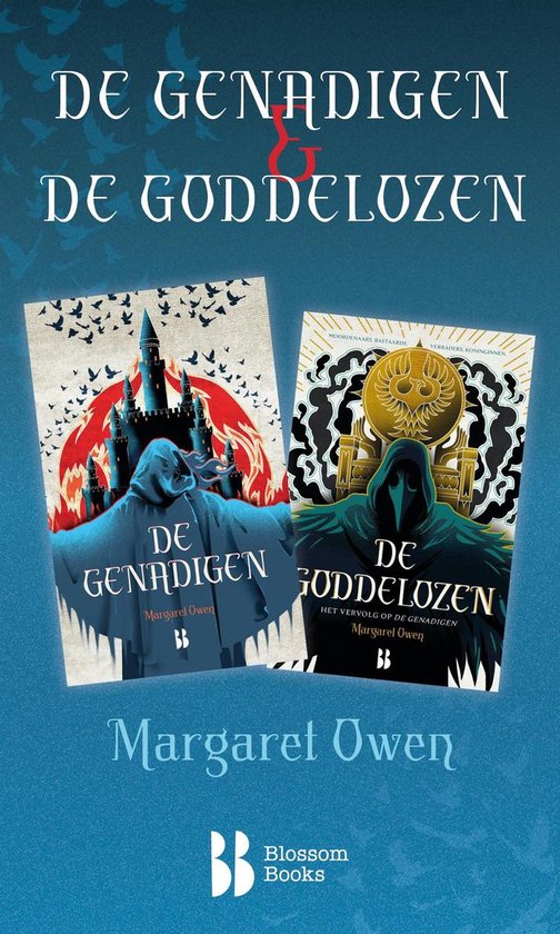 Couverture de livre avec deux livres : De Genadigen, avec un château et une silhouette en cape, et De Goddelozen, avec une silhouette à capuche et un symbole doré.