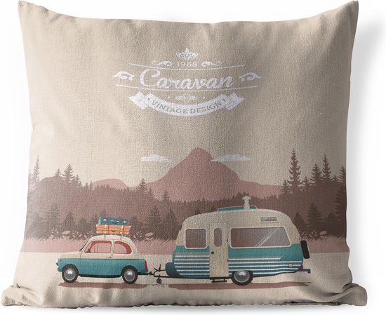 Buitenkussens - Tuin - Illustratie van een vintage caravan in de bergen - 45x45 cm
