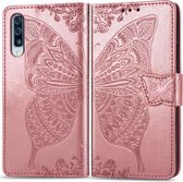 Butterfly Love Flowers Embossing Horizontale Flip Leather Case voor Galaxy A50, met houder & kaartsleuven & portemonnee & lanyard (rose goud)