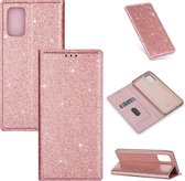 Voor Samsung Galaxy A41 ultradunne glitter magnetische horizontale flip lederen tas met houder en kaartsleuven (rose goud)