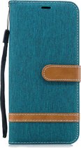 Kleurafstemming Denim Texture Leather Case voor Galaxy J4 +, met houder & kaartsleuven & portemonnee & lanyard (groen)