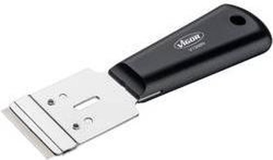 Zwarte schraper met metalen blad en Vigor logo op de handgreep.