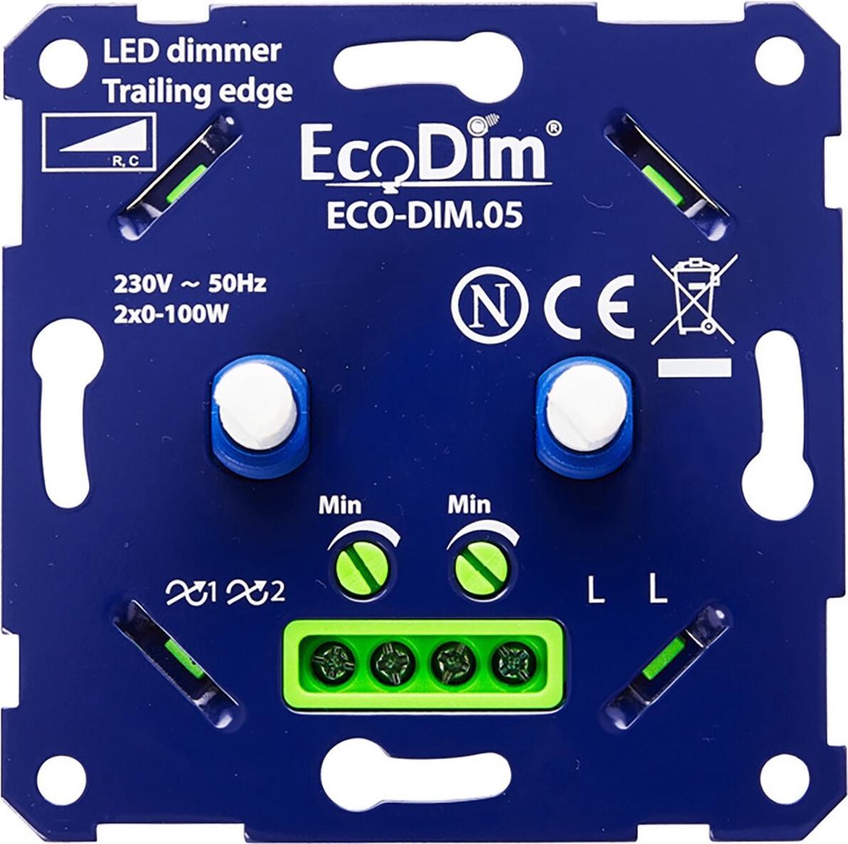EcoDim - LED DUO Dimmer - ECO-DIM.05 - Fase Afsnijding RC - Dubbele Inbouwdimmer - Dubbel Knop - 0-100W - Quano