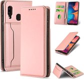 Voor Samsung Galaxy A20 Sterk magnetisme Vloeibaar gevoel Horizontale flip lederen tas met houder & kaartsleuven en portemonnee (rose goud)