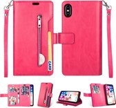 Voor iPhone XR Multifunctionele Rits Horizontale Flip Leren Case met Houder & Portemonnee & 9 Kaartsleuven & Lanyard (Rose Rood)