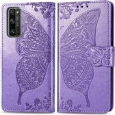 Voor Huawei Honor 30 Pro Butterfly Love Flower Reliëf Horizontale Flip Leren Case met Beugel / Kaartsleuf / Portemonnee / Lanyard (Lichtpaars)