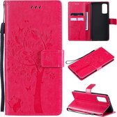 Voor Samsung Galaxy S20 FE 5G / S20 Lite Tree & Cat Pattern Pressed Printing Horizontale Flip PU lederen tas met houder & kaartsleuven & portemonnee & lanyard (Rose Red)