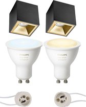 Pragmi Cliron Pro - Opbouw Vierkant - Mat Zwart/Goud - Verdiept - 90mm - Philips Hue - Opbouwspot Set GU10 - White Ambiance - Bluetooth - BES LED