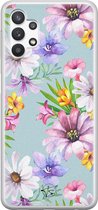 Samsung Galaxy A32 5G siliconen hoesje - Mint bloemen - Soft Case Telefoonhoesje - Blauw - Bloemen