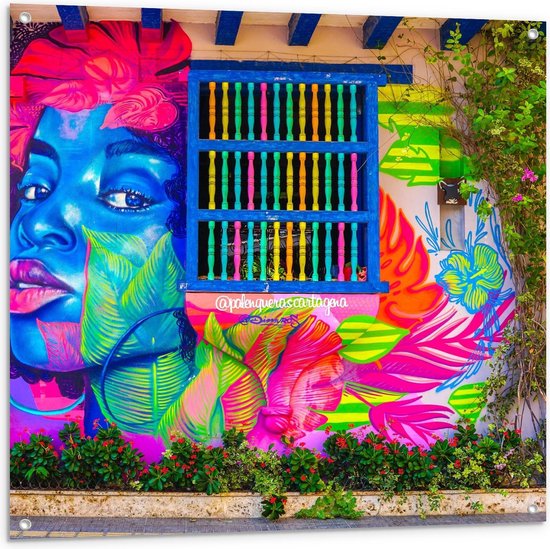 Tuinposter – Mooie Geschilderde Buitenmuur Met Gekleurd Tralies - 100x100cm Foto op Tuinposter  (wanddecoratie voor buiten en binnen)