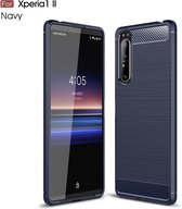 Voor Sony Xperia 1 II Brushed Texture Carbon Fibre Shockproof TPU Case (Navy Blue)