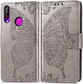 Butterfly Love Flowers reliÃ«f horizontale flip lederen case voor LG W30 met houder & kaartsleuven & portemonnee & lanyard (grijs)