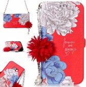 Voor Galaxy A5 (2017) Rode achtergrond Chrysanthemum patroon Horizontale flip lederen tas met houder & kaartsleuven & parelbloem Ornament & ketting
