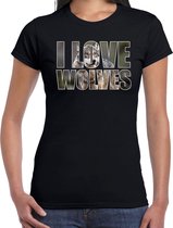 Tekst shirt I love wolves met dieren foto van een wolf zwart voor dames - cadeau t-shirt wolven liefhebber 2XL