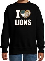 I love lions sweater met dieren foto van een leeuw zwart voor kinderen - cadeau trui leeuwen liefhebber - kinderkleding / kleding 9-11 jaar (134/146)