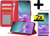 Samsung S10 Hoesje Book Case Met 2x Screenprotector - Samsung Galaxy S10 Case Wallet Cover - Samsung S10 Hoesje Met 2x Screenprotector - Rood