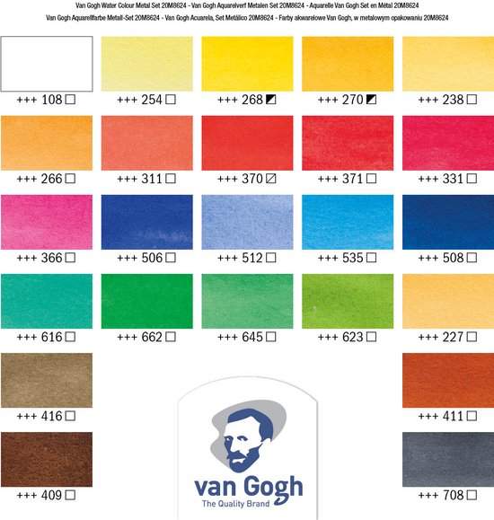 Kleurenkaart met 24 napjes aquarelverf van Van Gogh, genummerd van 108 tot 708.