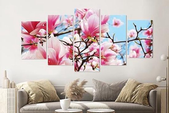 Schilderij - Roze magnolia in volle bloei, 5 luik, 200x100cm