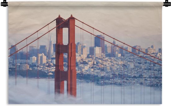 Wandkleed Golden Gate Bridge - Mistig rond de Golden Gate Bridge en San Francisco Wandkleed katoen 180x120 cm - Wandtapijt met foto XXL / Groot formaat!