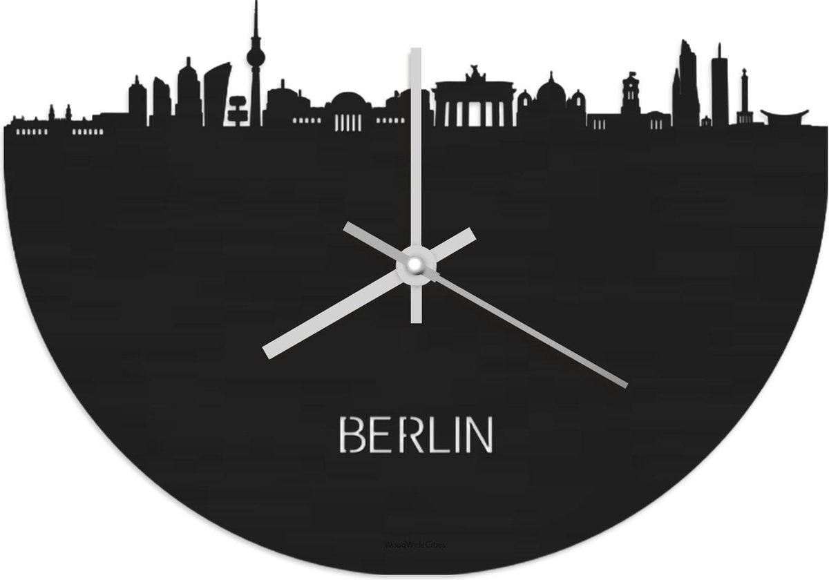 Skyline Klok Berlijn Zwart hout - Ø 40 cm - Stil uurwerk - Wanddecoratie - Meer steden beschikbaar - Woonkamer idee - Woondecoratie - City Art - Steden kunst - Cadeau voor hem - Cadeau voor haar - Jubileum - Trouwerij - Housewarming - WoodWideCities