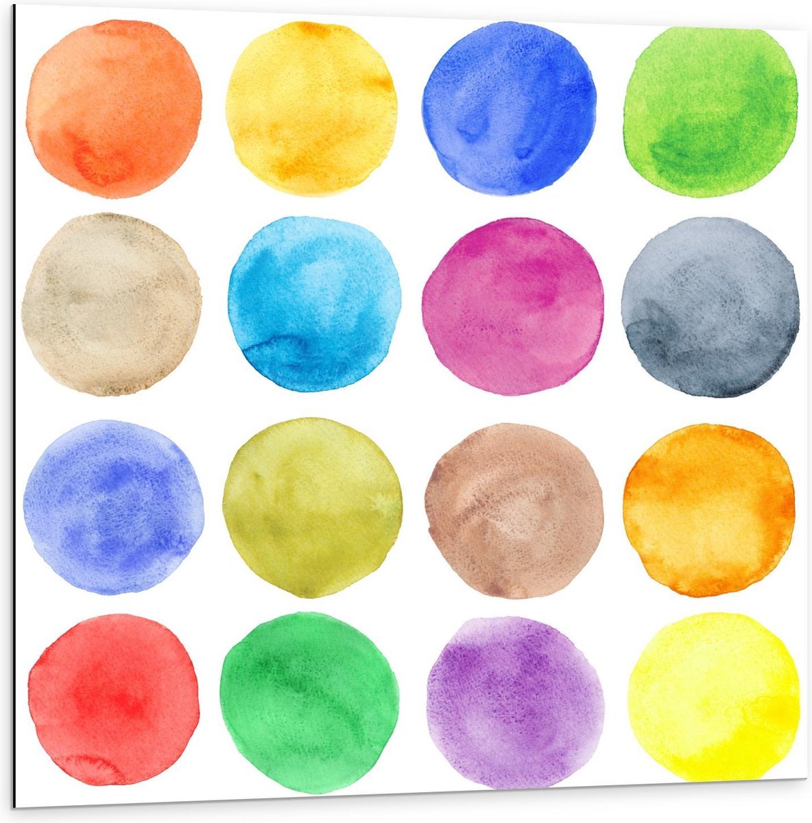 Dibond - Verschillende Kleuren Rondjes van Waterverf - 100x100cm Foto op Aluminium (Met Ophangsysteem)