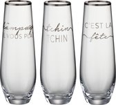 J-Line drinkglas Tekst Frans - glas - zilver - 3 stuks