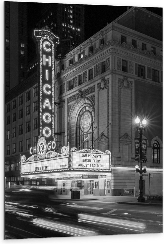 Dibond - Chicago Theatre (zwart/wit) - 80x120cm Foto op Aluminium (Met Ophangsysteem)