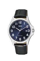 Q&Q A480J305Y - Horloge - Analoog - Mannen - Heren - leren band - Rond - Staal - Cijfers - Datumaanduiding - Zwart - Zilverkleurig - Blauw