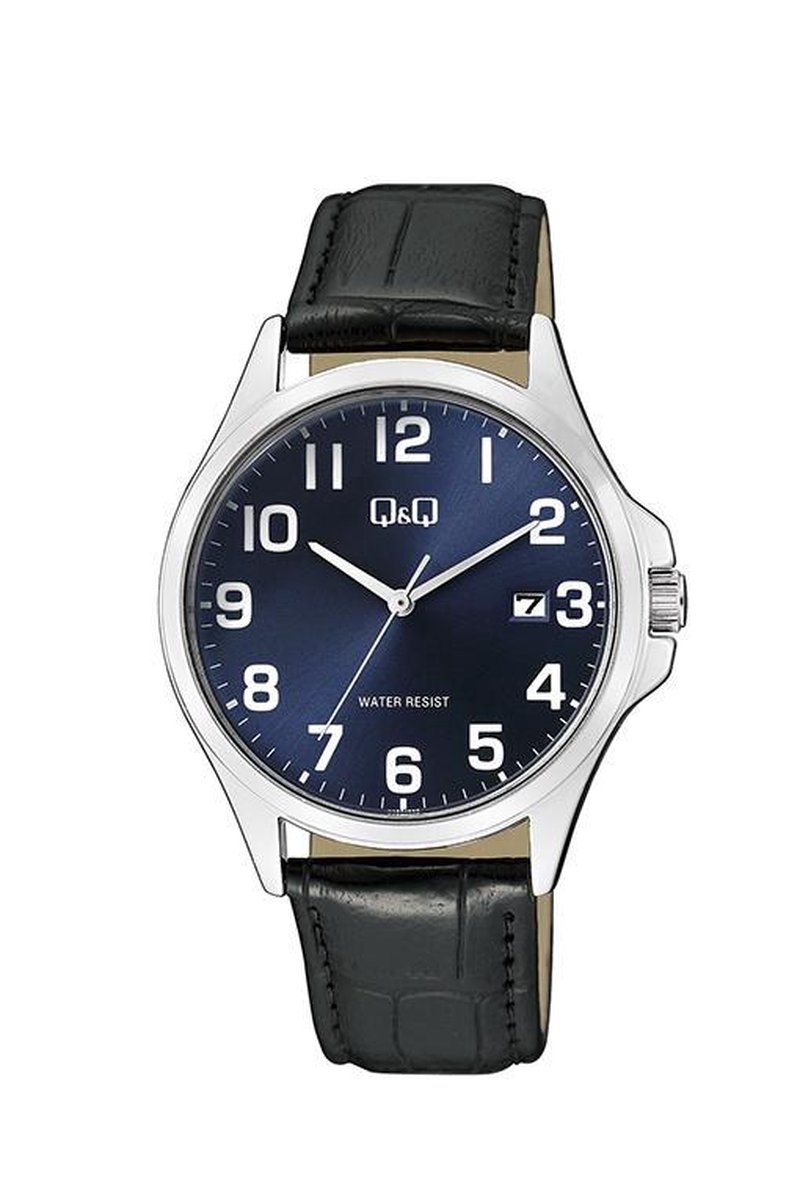 QQ A480J305Y - Horloge - Analoog - Mannen - Heren - leren band - Rond - Staal - Cijfers - Datumaanduiding - Zwart - Zilverkleurig - Blauw
