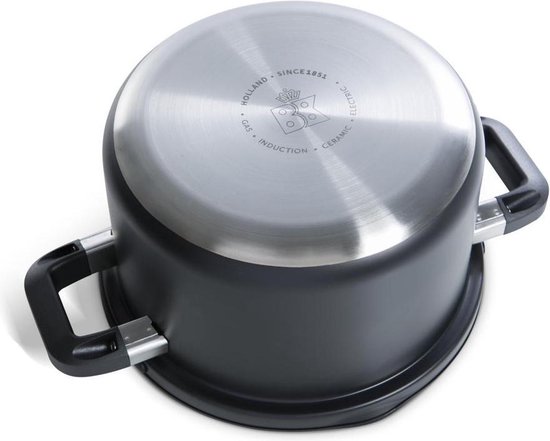 BK Flow Cool Black Pannenset 4-delig - 16/18/20cm - Zonder PFAS-vrije antikleeflaag - Pannenset inductie - RVS kookpan - Ovenbestendig tot 160°C - Met deksel - Zilver