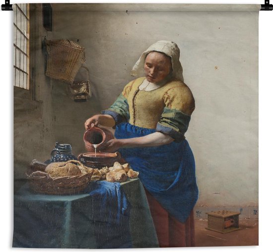 Wandkleed Vermeer - Het melkmeisje - Schilderij van Johannes Vermeer Wandkleed katoen 90x120 cm - Wandtapijt met foto