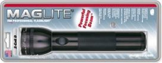 Zwarte Maglite "2-Cell D" zaklamp in een doorzichtige verpakking.