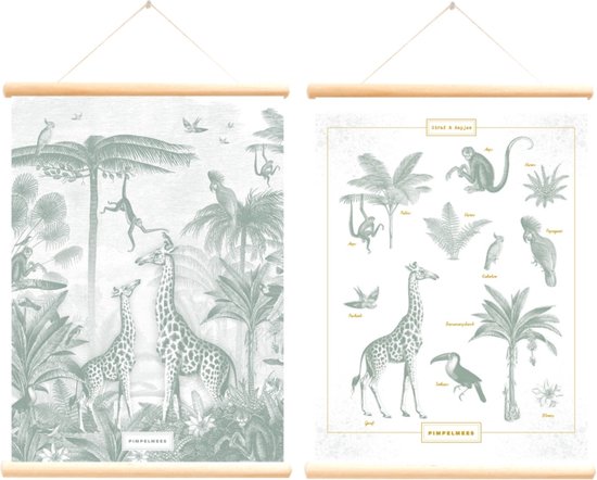 Little & Pure - schoolplaat - poster - Giraf en slingeraapjes - 50 x 70 cm