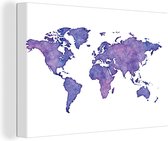 Canvas Wereldkaart - 30x20 - Wanddecoratie Wereldkaart - Waterverf - Paars
