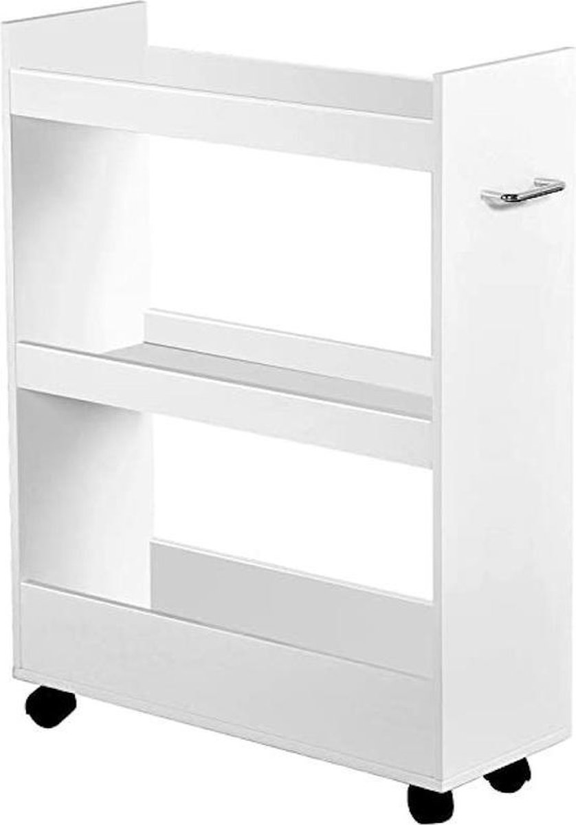 Smalle Keuken Trolley | Verrijdbare Ruimtebesparende Keuken kast | Serveer / Opslag kast met wielen voor in de keuken | Voor opslag van bv: kruiden, azijn, olie, voorraadpotten, bekers etc. | Afm. 22 x 79 x 60 Cm. | Kleur: WIT