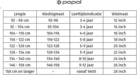 Maattabel voor kinderfietsen met lengte, kledingmaat, leeftijdsindicatie en wielmaat.