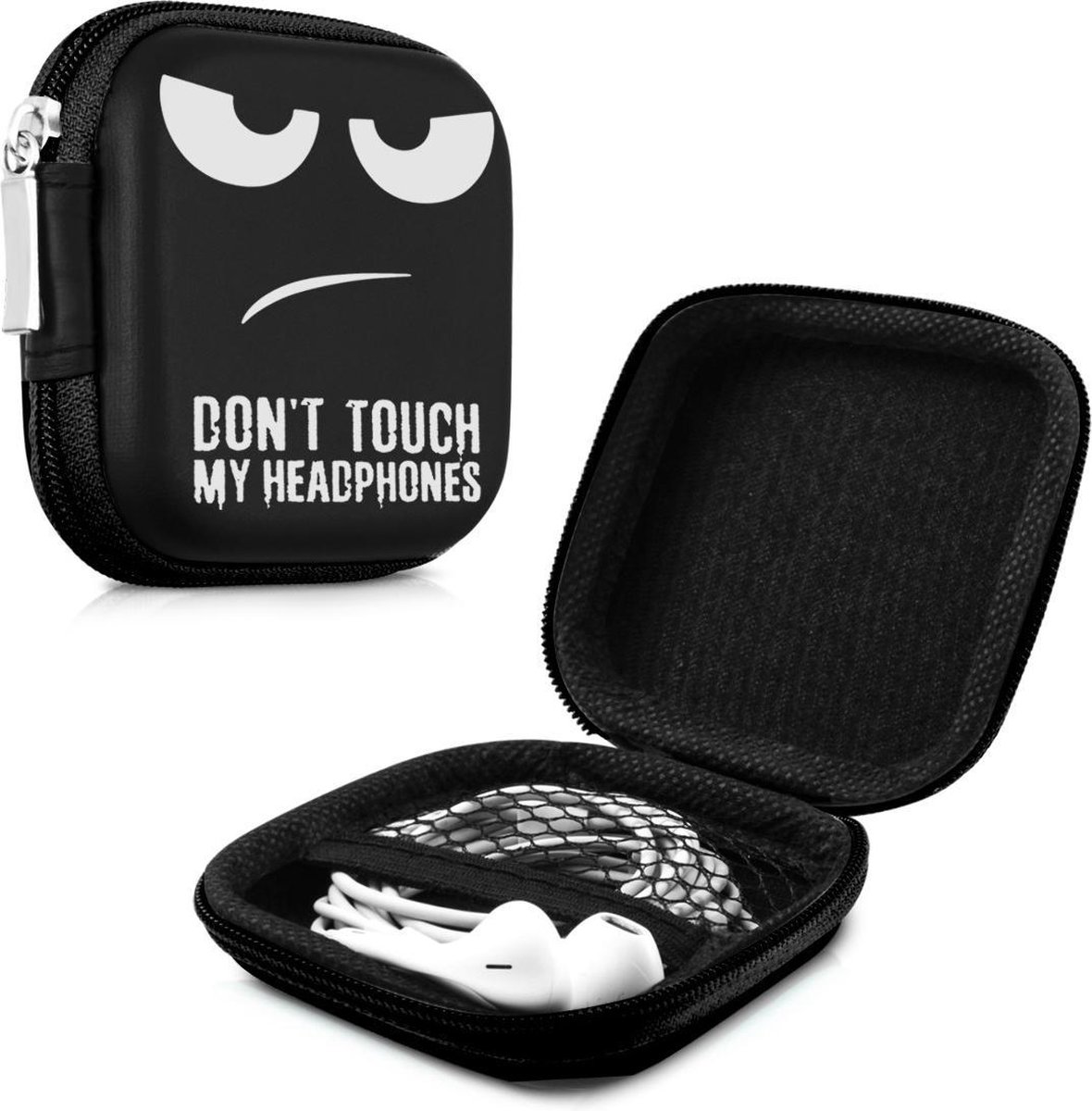 kwmobile Tasje voor oordopjes - Beschermhoes voor oordoppen - Etui voor oordopjes - Harde case in wit / zwart / zwart - Don't Touch My Headphones design