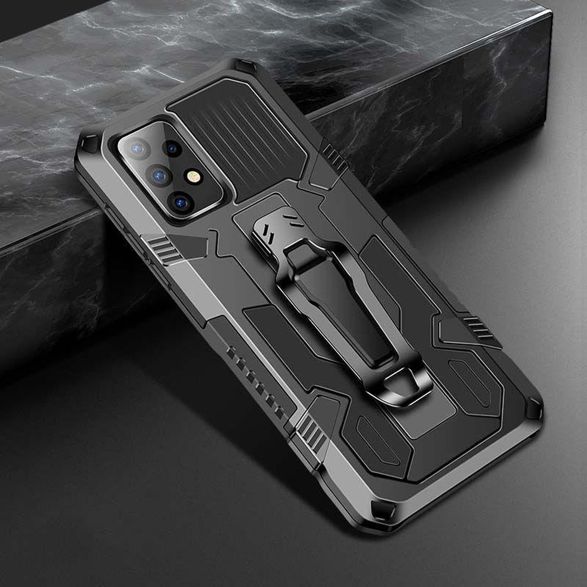 Mobigear Hoesje geschikt voor Samsung Galaxy A52s 5G Telefoonhoesje Hardcase | Mobigear Armor Stand Backcover Shockproof met Standaard | Schokbestendig Galaxy A52s 5G Telefoonhoesje | Anti Shock Proof - Zwart