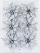 18x stuks decoratie bloemen rozen zilver glitter op clip 8 cm - Decoratiebloemen/kerstboomversiering/kerstversiering