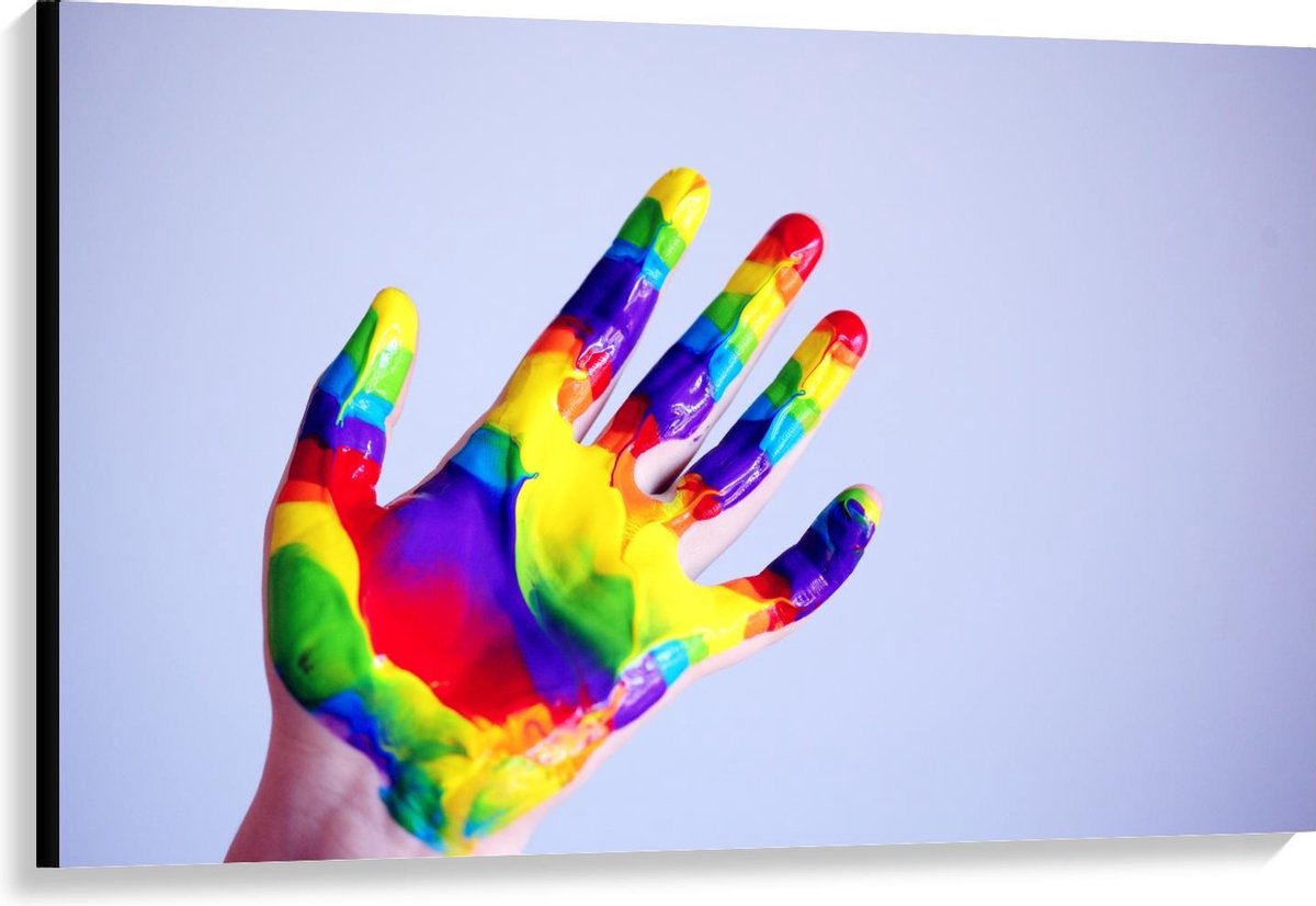 Canvas - Hand met Gekleurde Verf - 120x80cm Foto op Canvas Schilderij (Wanddecoratie op Ca
