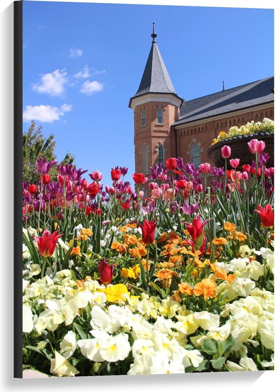 Canvas  - Mooi Veld met Gekleurde Bloemen met een Mooi Kasteel op de Achtergrond - 60x90cm Foto op Canvas Schilderij (Wanddecoratie op Canvas)